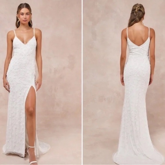 Lulus‎ Everlasting Vows White Beaded Sequin Mermaid Maxi Dress Size XL